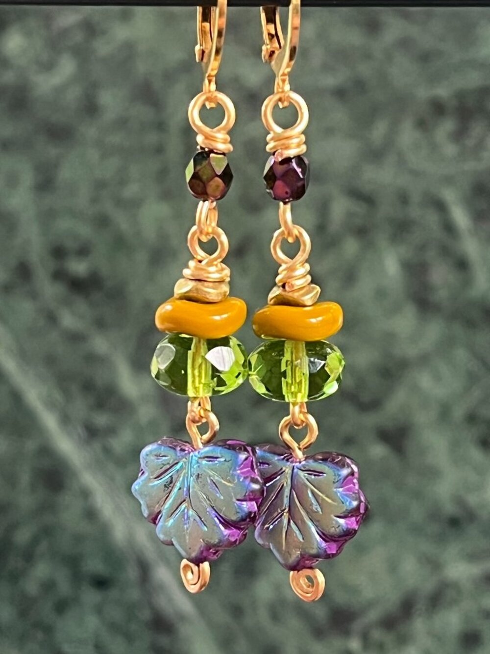 Iridescent Violet Leaf DangleEarrings | Colorful Boho Fall Earrings